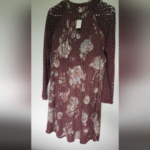 New Maroon floral dress with knitted sleeves.